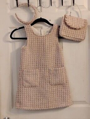 Rachel Zoe Girls Pink Tweed Sleeveless Shift Dress Including Purse & Head Size 5